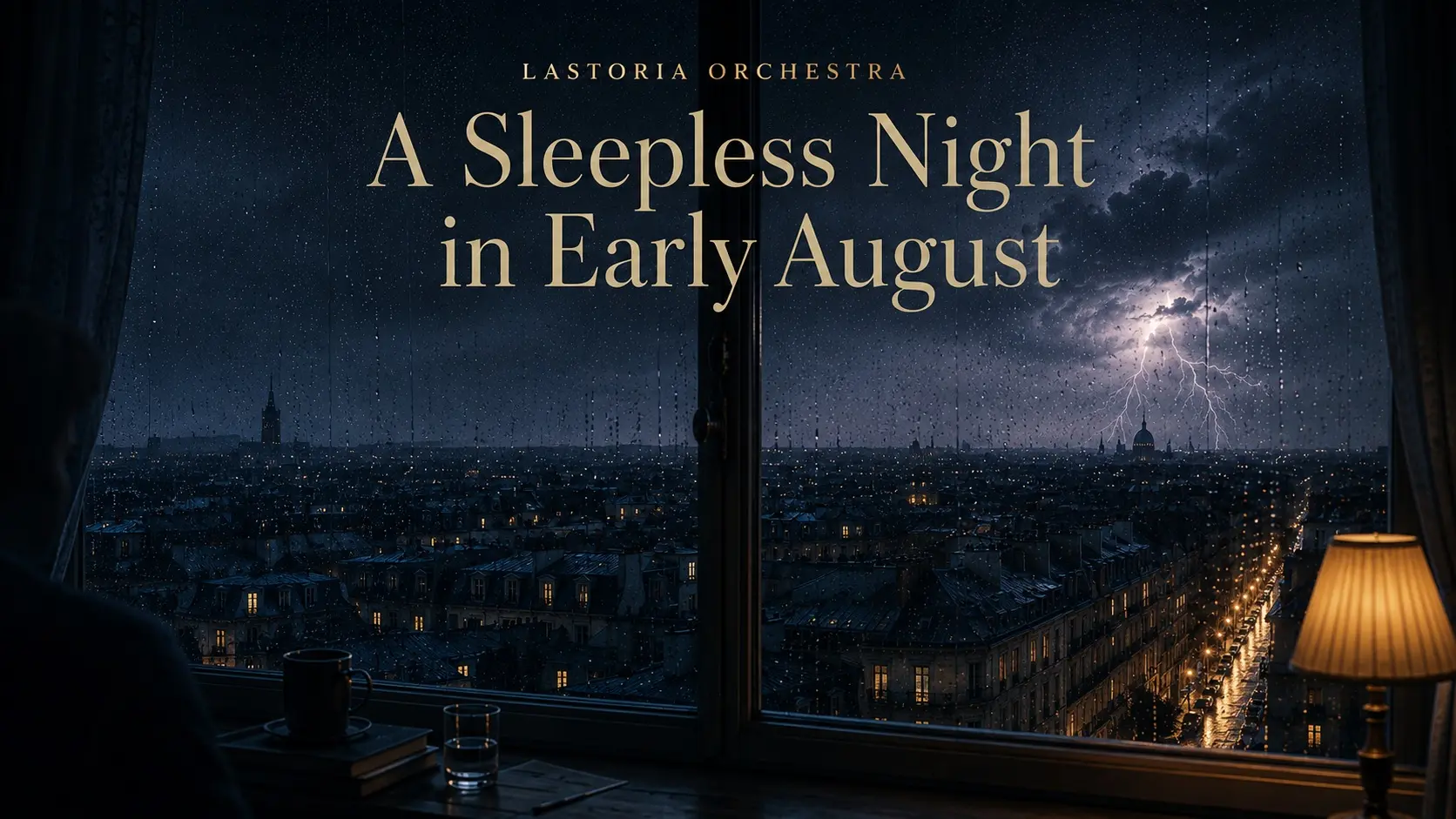 Rain on a window above a sleeping city, with distant lightning and warm lamplight inside the room