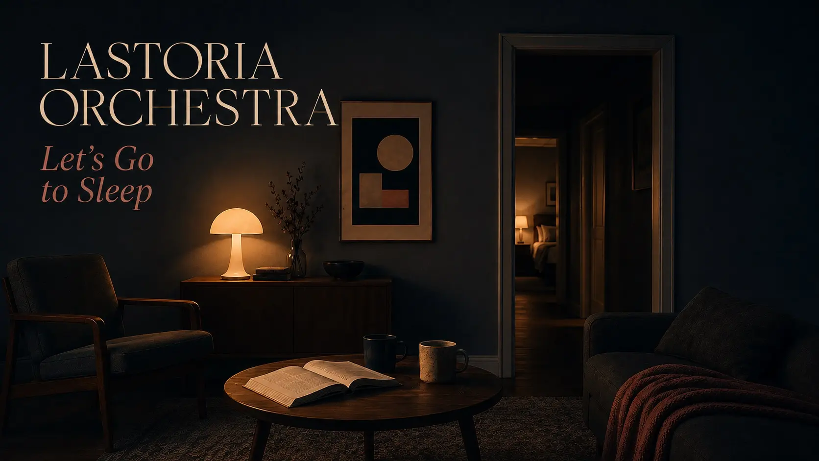 A quiet late-night living room with a warm lamp, an open book, two cups and a softly lit room beyond the doorway