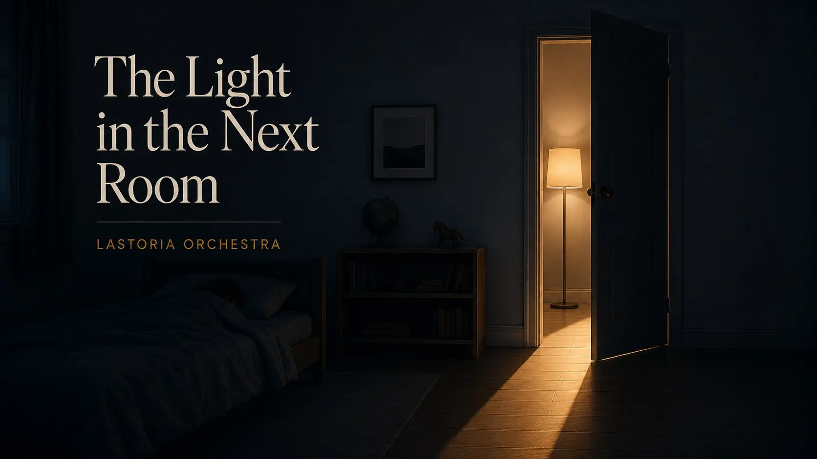 A dark child’s bedroom with a half-open door and a warm strip of light from a floor lamp in the next room