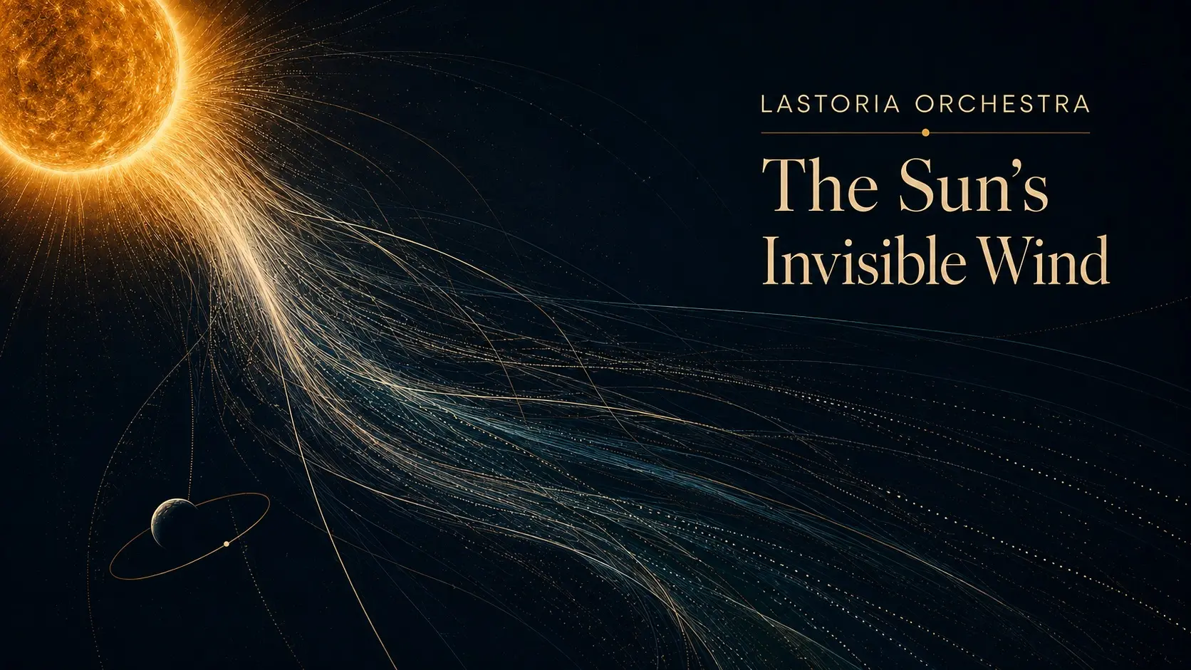 A golden Sun at the edge of deep space sending fine luminous streams past a small distant planet