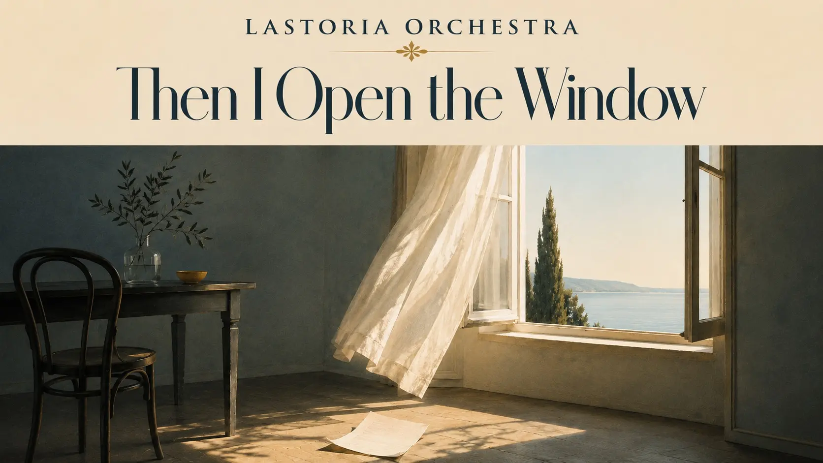 An open window, a moving curtain and a sheet of paper lying in sunlight on the floor of a quiet room