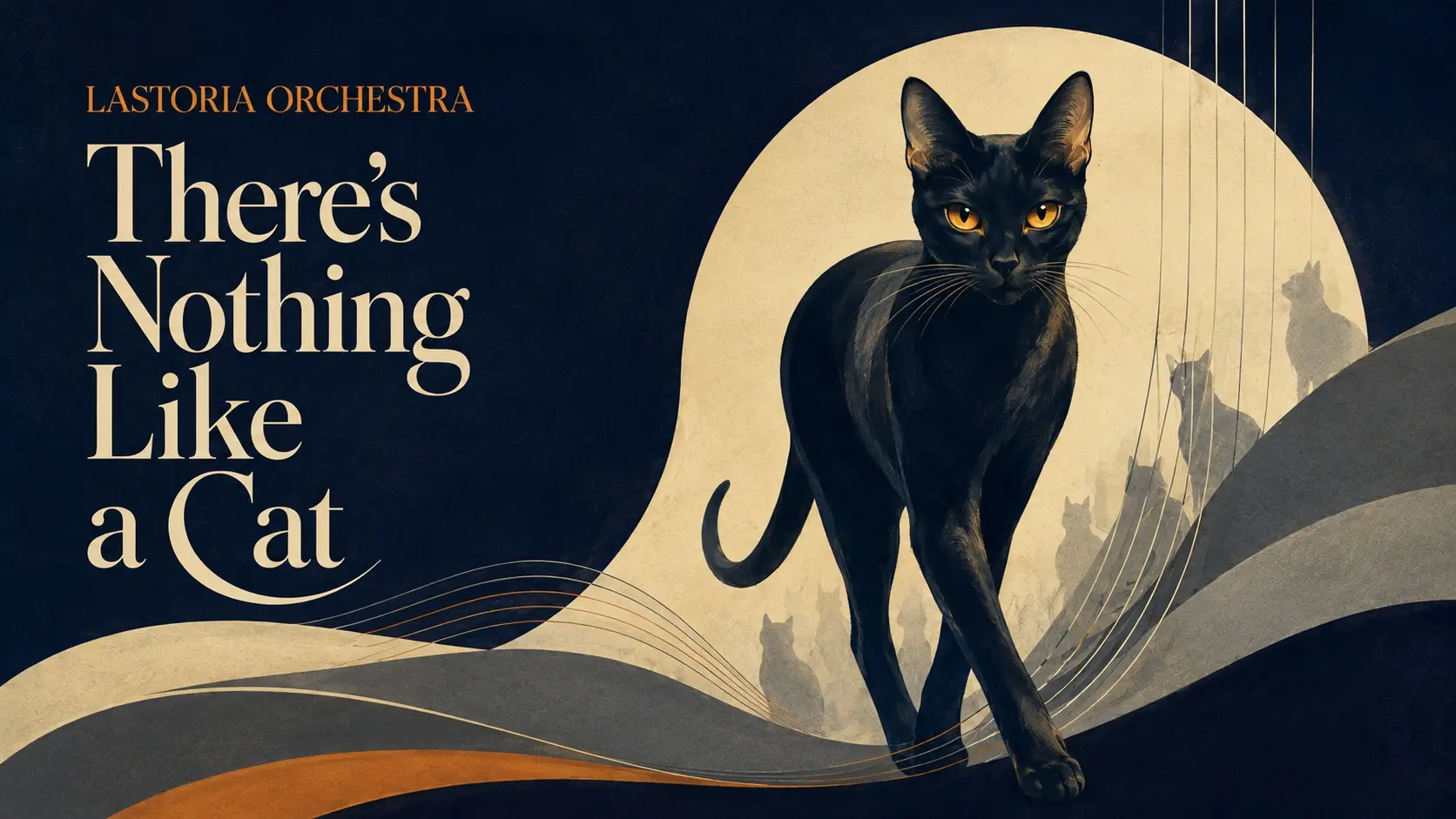 A graceful black cat with amber eyes stepping through a deep navy and warm cream composition